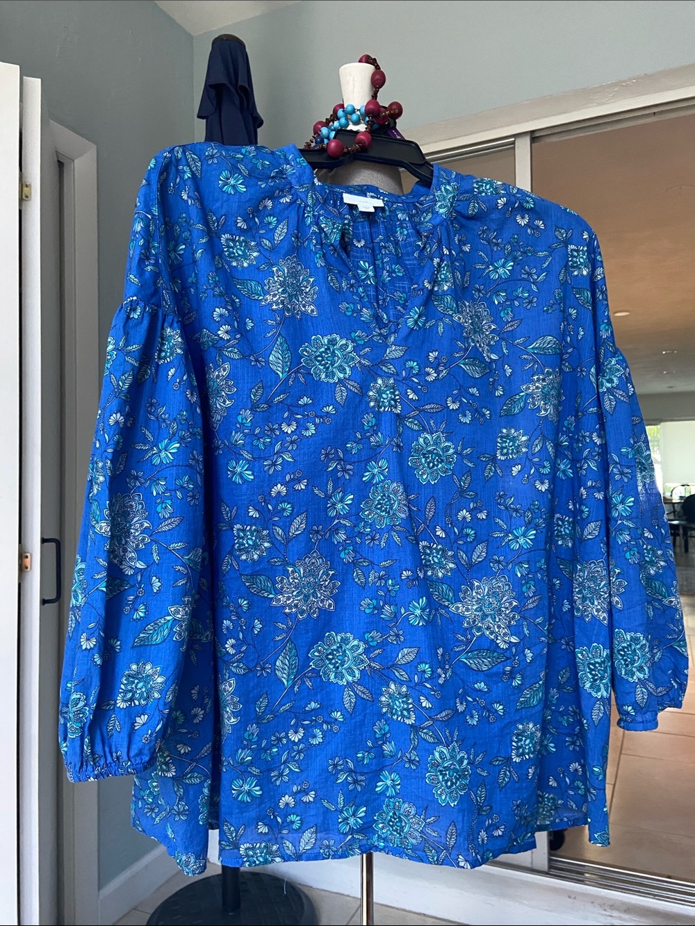J. Jill Vibrant Royal Blue Floral Peasant Cotton Blouse